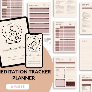 Könnte beinhalten: Ein druckbarer Meditationstracker-Planer mit 9 Seiten. Das Cover zeigt einen beigefarbenen Hintergrund mit einer Schwarzweißillustration einer meditierenden Person. Der Text "Meditation Tracker Planner" ist in großen, fetten, schwarzen Buchstaben. Der Text "9 Pages" ist in kleineren, schwarzen Buchstaben.