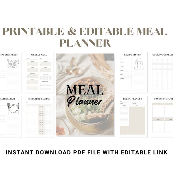 Editable Printable Meal Planner - Meal Planner Monthly Meal Journal - Favourite Foods Recipe - Breakfast Lunch Dinner Healthy Recipe