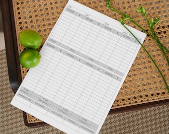 May include: A white weekly budget planner with columns for income and expenses for each day of the week, Friday, Saturday, Sunday, and a total column for the week. The planner is on a woven wicker surface.