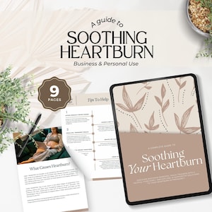 Könnte beinhalten: Ein digitaler Leitfaden mit dem Titel "Sodbrennen lindern" mit einem braunen und weißen Blumenmuster auf dem Cover. Der Leitfaden ist auf einer Seite geöffnet, die Tipps zur Linderung von Sodbrennen enthält, darunter das Vermeiden von fettreichen Speisen, das Essen kleinerer Mahlzeiten und das Trinken von viel Wasser. Der Leitfaden umfasst 9 Seiten.