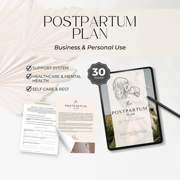 Postpartum plan workbook, postpartum doula planning, postpartum doula client workbook, handouts worksheets, planning sessions, Canva