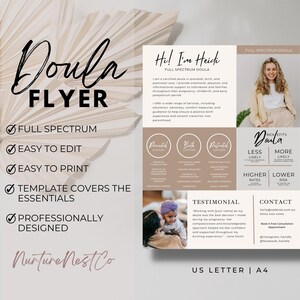 Doula Flyer, Doula Brochure, Doula business templates, full spectrum doula, birth doula, postpartum doula, marketing handout resource Canva