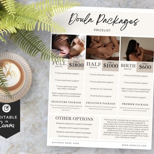 Doula-prijslijst, doula-pakketten, doula-hulpmiddelen, doula-hand-outs, doula-intake, doulamarketing, doula-welkomst, doula-pdf, afdrukbaar, Canva