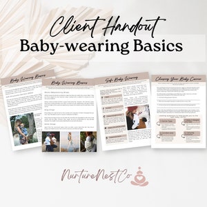 Conceptos básicos sobre el porteo de bebés, folleto de doula, recurso para el cliente, hoja de trabajo sobre el cuidado del bebé, seguridad del portabebés, cuidado del recién nacido para padres, formulario comercial de doula