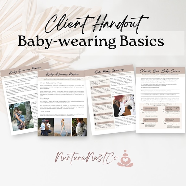 Baby wearing basics, doula handout, client resource, baby care worksheet, baby carrier safety, newborn care for parents, doula business form