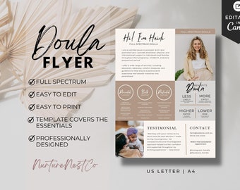 Doula Flyer, Doula Brochure, Doula business templates, full spectrum doula, birth doula, postpartum doula, marketing handout resource Canva