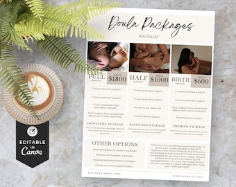 Doula price list, doula packages, doula resources, doula handouts, doula intake, doula marketing, doula welcome, doula pdf, printable, Canva