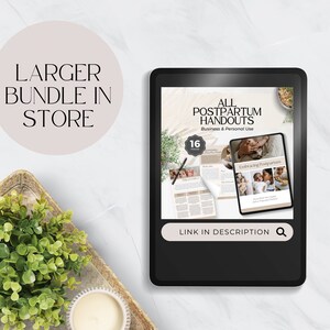 May include: A digital tablet displaying a graphic for a postpartum handout bundle. The graphic features a photo of a mother and baby, and the text "All Postpartum Handouts, 16 Pieces, Business & Personal Use". The text "Embracing Postpartum" is also visible on a smaller graphic within the larger graphic. The text "Link in Description" is visible at the bottom of the tablet screen.
