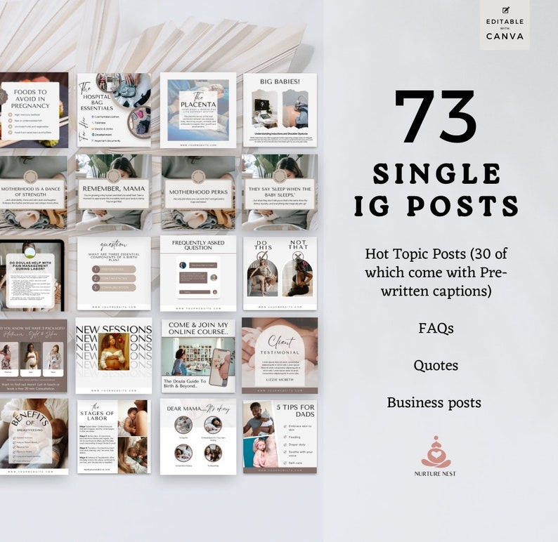May include: A digital marketing kit for a business that provides services for expecting parents. The kit includes 73 single Instagram posts, 30 of which come with pre-written captions. The kit also includes FAQs, quotes, and business posts. The kit is designed to help businesses grow their social media presence and reach more potential customers.