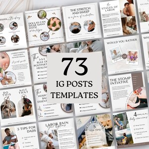 May include: A collection of 73 Instagram post templates for new parents and expecting parents. The templates feature a variety of topics, including labor, postpartum recovery, breastfeeding, and baby care. The templates are designed to be informative and engaging, and they can be used to share tips, advice, and resources with your followers.