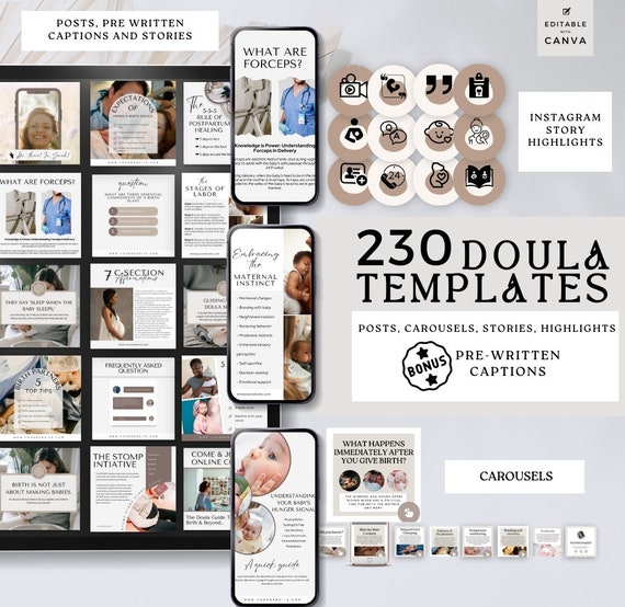 Doula Templates for social media, Instagram Bundle, Birth Doula, Postpartum doula, IG posts, IG stories, IG carousels, doula marketing pack