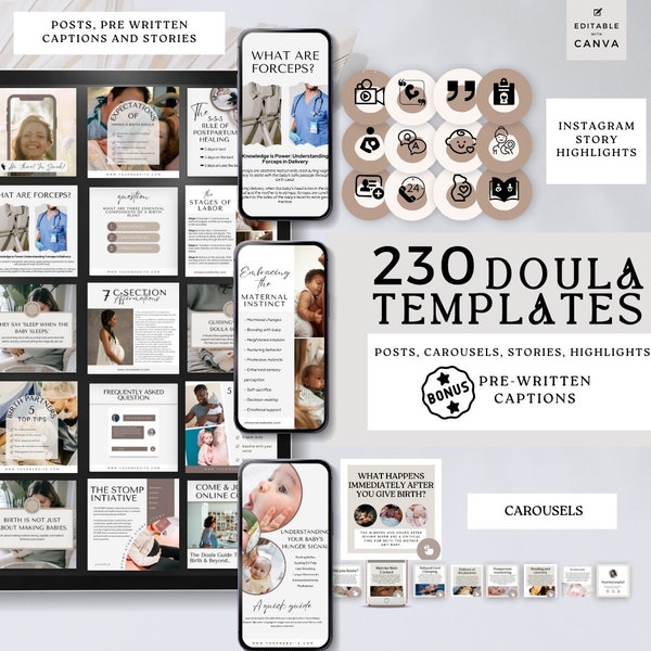 Doula Templates for social media, Instagram Bundle, Birth Doula, Postpartum doula, IG posts, IG stories, IG carousels, doula marketing pack