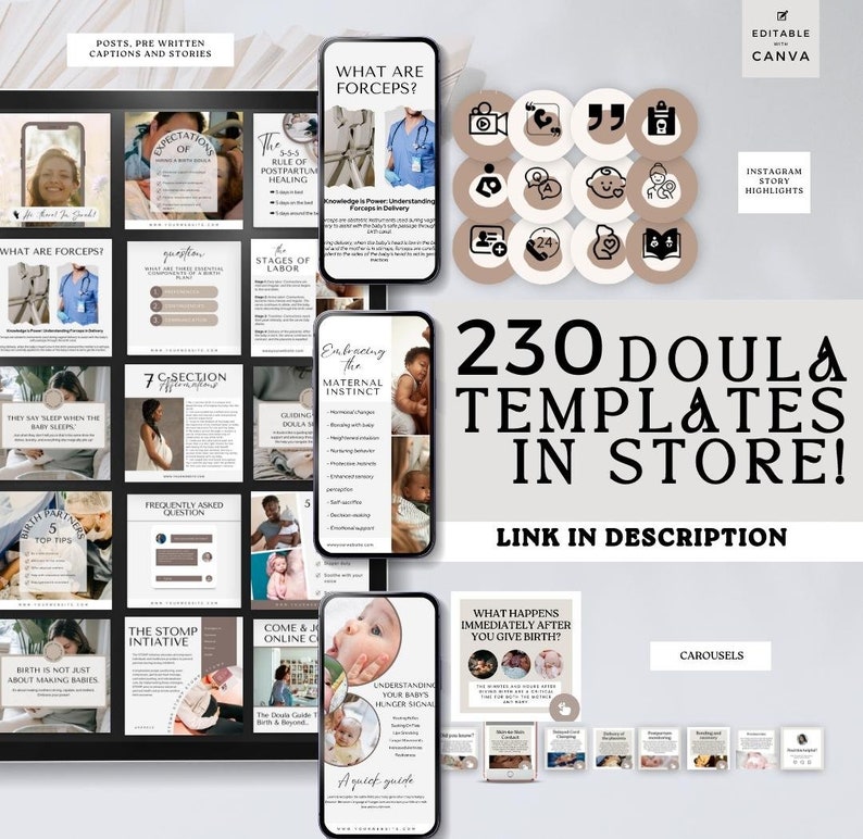 Postpartum Lettering Doula Templates for Social Media, Instagram Bundle, Birth Doula ...