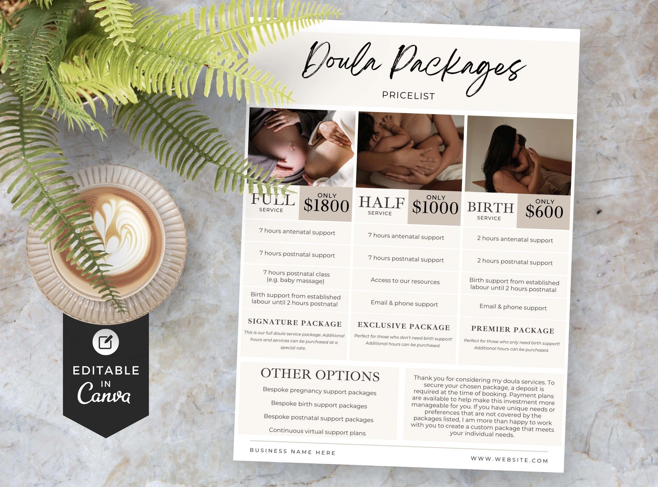 Doula Price List, Doula Packages, Doula Resources, Doula Handouts