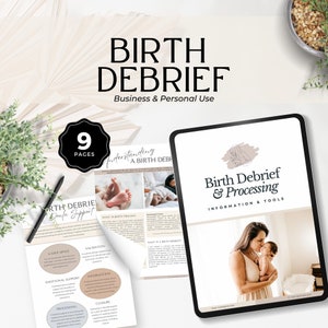 May include: A digital download for a birth debrief and processing guide. The cover features a mother holding a baby and the text "Birth Debrief & Processing: Information & Tools".