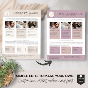 Doula price list, doula packages, doula resources, doula handouts, doula intake, doula marketing, doula welcome, doula pdf, printable, Canva image 4