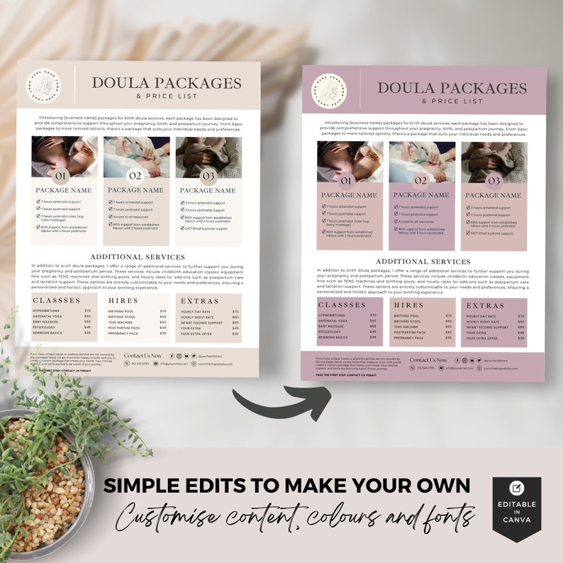 Doula price list, doula packages, doula resources, doula handouts, doula intake, doula marketing, doula welcome, doula pdf, printable, Canva image 4