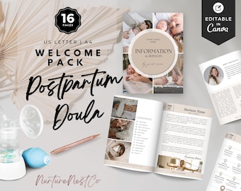 Postpartum Doula welcome pack, postpartum doula service guide, postpartum doula client brochure, business information, templates