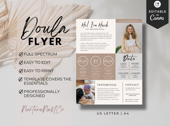Doula Flyer, Doula Brochure, Doula business templates, full spectrum doula, birth doula, postpartum doula, marketing handout resource Canva
