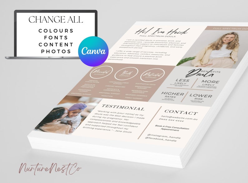 May include: A light brown and white flyer with the text "Hi! I'm Heik FULL SPECTRUM DOULA" and a photo of a woman smiling. The flyer also includes the text "BENEFITS Doula" and a list of benefits of hiring a doula. The flyer is designed to promote the services of a doula.