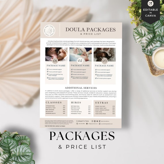 Doula price list, doula packages, doula resources, doula handouts, doula intake, doula marketing, doula welcome, doula pdf, printable, Canva