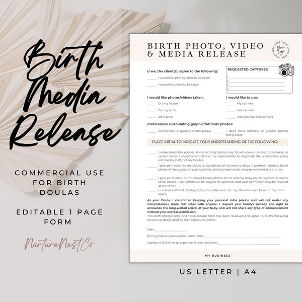 Birth photo media release form, birth video media release, birth doula photography, birth photo agreement, doula service liability, Canva