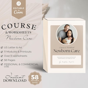 Newborn care guide, newborn care course, newborn care worksheet, baby education, baby class resource, doula handout, postpartum doula, canva
