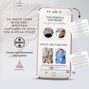 May include: A phone screen displaying a graphic with the text "The Stretch and Sweep is a form of induction" and two images of pregnant women. The graphic also includes the text "What are Forceps?" and an image of a doctor using forceps. The text "Knowledge is Power: Understanding Forceps in Delivery" is also included. The graphic is part of a social media post for a business called "Nurture Nest".