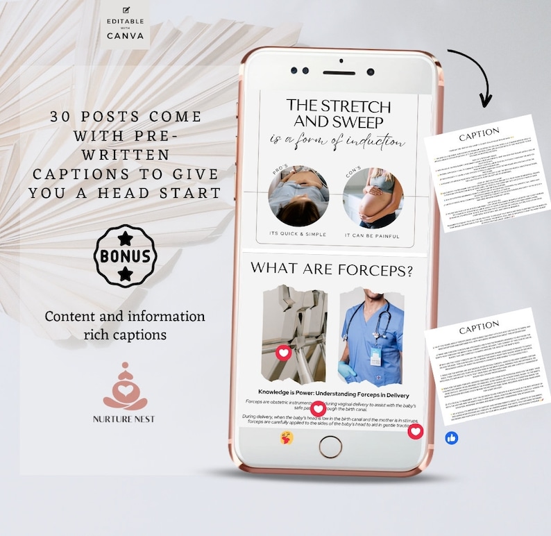 May include: A phone screen displaying a graphic with the text "The Stretch and Sweep is a form of induction" and two images of pregnant women. The graphic also includes the text "What are Forceps?" and an image of a doctor using forceps. The text "Knowledge is Power: Understanding Forceps in Delivery" is also included. The graphic is part of a social media post for a business called "Nurture Nest".