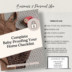 K&ouml;nnte beinhalten: Eine wei&szlig;e druckbare Checkliste mit dem Text "Complete Baby-Proofing Your Home Checklist" und einem Schlosssymbol. Die Checkliste ist f&uuml;r den pers&ouml;nlichen und gesch&auml;ftlichen Gebrauch bestimmt und enth&auml;lt Nutzungsbedingungen f&uuml;r die Canva-Vorlage. Der Text "Change All" ist auf einem Laptop-Bildschirm im Hintergrund sichtbar.