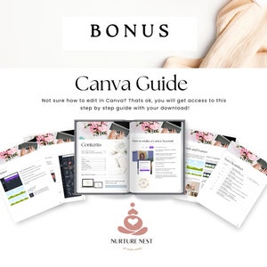 May include: A Canva Guide with the text "How to make a Canva Account", "Contents", "Text Cheatsheet", and "Grids and Frames". The guide is open to a page with instructions on how to make a Canva account. The guide is part of a larger set of resources from Nurture Nest by Sian Louise.