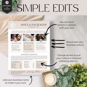 Doula price list, doula packages, doula resources, doula handouts, doula intake, doula marketing, doula welcome, doula pdf, printable, Canva image 3