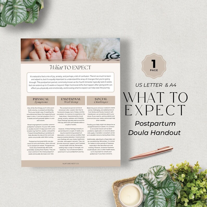 May include: A printable handout titled "What to Expect: Postpartum Doula Handout" with a light brown background and a light pink pen. The handout is divided into three sections: Physical Symptoms, Emotional Well-being, and Social Challenges. The handout is designed to help new mothers understand the physical, emotional, and social changes they may experience after giving birth.