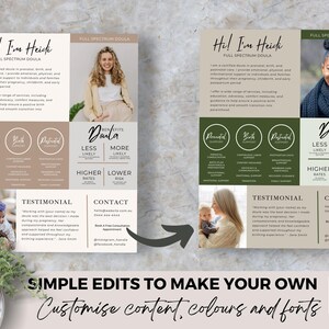 May include: A green and brown printable flyer with the text "Hi! I'm Heick" and "Full Spectrum Doula". The flyer includes a testimonial, contact information, and a photo of a woman.