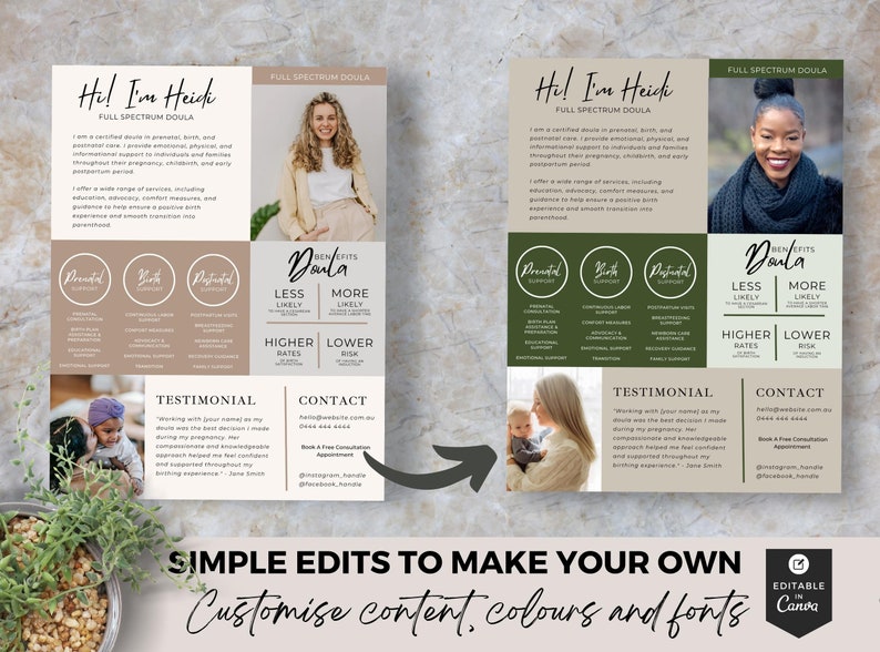 May include: A green and brown printable flyer with the text "Hi! I'm Heick" and "Full Spectrum Doula". The flyer includes a testimonial, contact information, and a photo of a woman.
