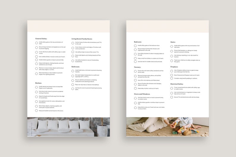 K&ouml;nnte beinhalten: Eine Checkliste f&uuml;r die Sicherheit zu Hause mit Abschnitten f&uuml;r allgemeine Sicherheit, Wohnzimmer, Schlafzimmer, Kinderzimmer, Badezimmer, Treppen, Kamine, T&uuml;ren und Fenster sowie elektrische Sicherheit.
