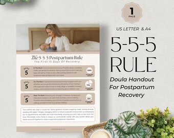 5 5 5 Postpartum Recovery Guide, Postpartum checklist, postpartum client handouts, planning sessions, postpartum doula. Postpartum plan