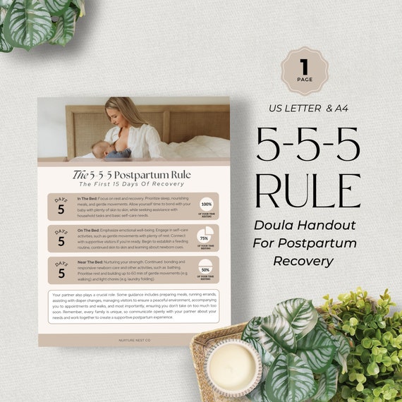 5 5 5 Postpartum Recovery Guide, Postpartum checklist, postpartum client handouts, planning sessions, postpartum doula. Postpartum plan