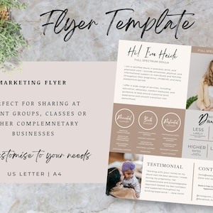 May include: A flyer template for a full spectrum doula. The flyer features a photo of the doula, a testimonial, and contact information. The flyer is designed in a minimalist style with a beige and brown color scheme. The text on the flyer reads "Hi! I'm Heidi, Full Spectrum Doula".