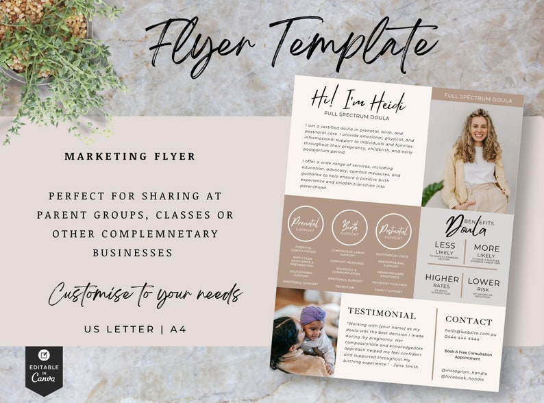 May include: A flyer template for a full spectrum doula. The flyer features a photo of the doula, a testimonial, and contact information. The flyer is designed in a minimalist style with a beige and brown color scheme. The text on the flyer reads "Hi! I'm Heidi, Full Spectrum Doula".