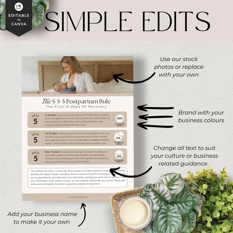 May include: A promotional graphic with the text "SIMPLE EDITS" and "The 5-5-5 Postpartum Rule". It includes a photo of a mother breastfeeding, and instructions for postpartum recovery. The graphic also features a candle and greenery.