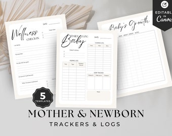 May include: Five printable templates for tracking a new mother's wellness and a baby's growth. The templates include sections for daily goals, feeding logs, sleep tracking, and change logs. The templates are editable in Canva.