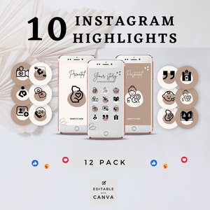 May include: A set of 12 Instagram highlight covers for a pregnancy journey. The covers are in a minimalist style with black icons on a beige background. The icons include a baby, a heart, a calendar, a quote, a camera, a question mark, a plus sign, a clock, and a book. The text "Prenatal", "Your story", and "Postnatal" is displayed on the covers. The text "12 Highlight Covers" is also displayed on the covers. The text "12 PACK" is displayed below the covers. The text "EDITABLE WITH CANVA" is displayed below the text "12 PACK".