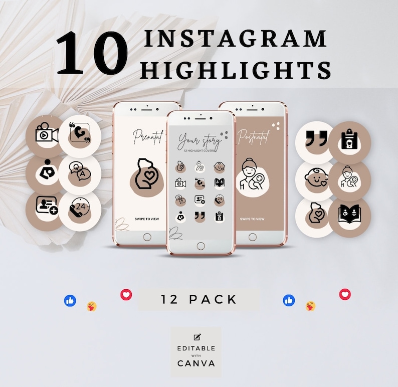 May include: A set of 12 Instagram highlight covers for a pregnancy journey. The covers are in a minimalist style with black icons on a beige background. The icons include a baby, a heart, a calendar, a quote, a camera, a question mark, a plus sign, a clock, and a book. The text "Prenatal", "Your story", and "Postnatal" is displayed on the covers. The text "12 Highlight Covers" is also displayed on the covers. The text "12 PACK" is displayed below the covers. The text "EDITABLE WITH CANVA" is displayed below the text "12 PACK".