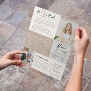 May include: A brochure for a full spectrum doula, Heidi, with a photo of her and information about her services. The brochure includes a testimonial, benefits of hiring a doula, and contact information.