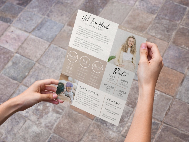 May include: A brochure for a full spectrum doula, Heidi, with a photo of her and information about her services. The brochure includes a testimonial, benefits of hiring a doula, and contact information.