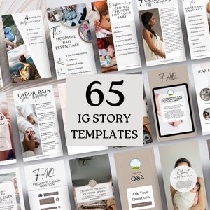 May include: A collage of 65 Instagram story templates for expecting mothers. The templates feature a variety of topics, including labor pain, feeding choices, and the maternal instinct. The templates are designed in a modern and minimalist style with a neutral color palette.