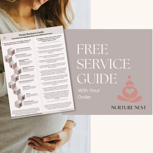 May include: A pink and white graphic with the text "FREE SERVICE GUIDE With Your Order NURTURE NEST" and a stylized image of a pregnant woman sitting in a lotus position with a heart in her belly.