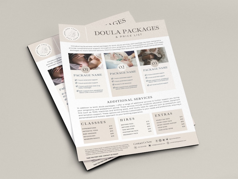 Doula price list, doula packages, doula resources, doula handouts, doula intake, doula marketing, doula welcome, doula pdf, printable, Canva image 2