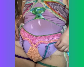 Scappy yarn Rave set - Chaps and Bralette - festival fashion - Plus Size - low waste crochet - one of a kind - JYNSYN Crochet